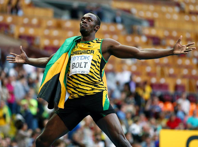 Usain Bolt of Jamaica celebrates