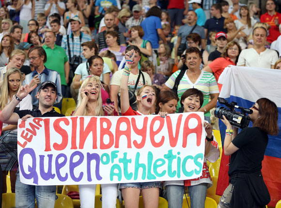 Fans show their support for Yelena Isinbayeva of Russia