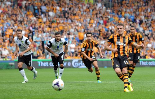Robbie Brady of Hull City scores the opening goal from the penalty spot