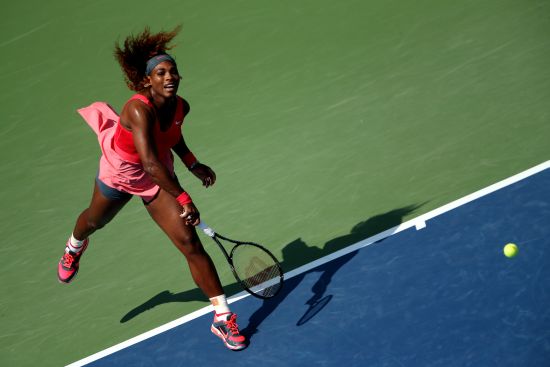 Serena Williams of the United States of America serves during her women's singles second round match against Galina Voskoboeva of Kazakhstan