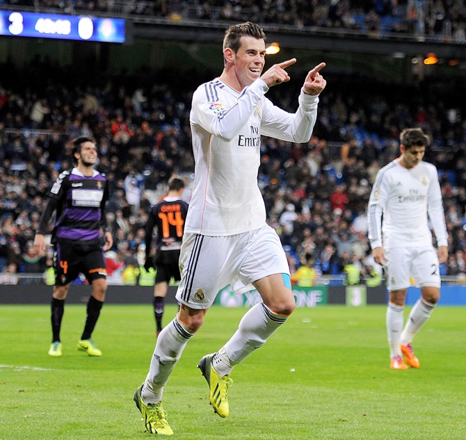 Gareth Bale of Real Madrid CF celebrates after scoring Real's 4th goal and his hat-trick