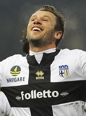 Antonio Cassano of Parma FC celebrates his goal against Bologna FC at Stadio Ennio Tardini in Parma, Italy, on Saturday