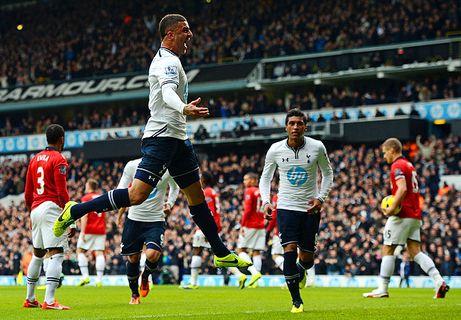 Kyle Walker of Tottenham Hotspur celebrates scoring the opening goal against Manchester United during their English Premier League match at White Hart Lane in London on Sunday