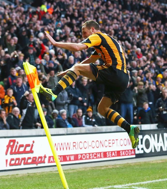 David Meyler of Hull City celebrates scoring his team's second goal against Liverpool