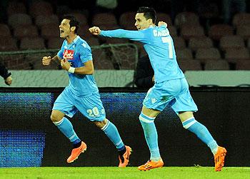 Blerim Dzemaili (L) of Napoli celebrates after scoring against Inter Milan during their Serie A match at Stadio San Paolo in Naples, Italy on Sunday