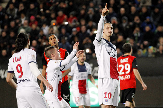 Paris Saint-Germain's Zlatan Ibrahimovic celebrates after scoring against Stade Rennes