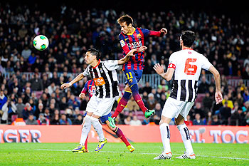 Neymar of FC Barcelona scores his team's third goal during the Copa del Rey round of 32 second leg match against Cartagena at Camp Nou on Tuesday