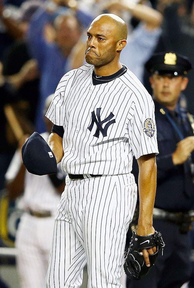Mariano Rivera of the New York Yankees reacts to the crowd after leaving the game against the Tampa Bay Rays in the ninth inning during their game on September 26