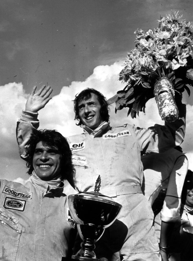 Scottish motor racing driver Jackie Stewart and his Tyrrell teammate Francois Cevert