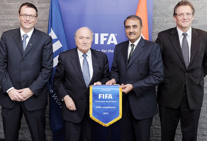 (From left) Thierry Regenass, Joseph Blatter, Praful Patel and Jerome Valcke pose at the FIFA Headquarters