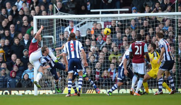Kevin Nolan of West Ham scores their third goal during the Barclays Premier League match between West Ham United and West Bromwich Albion