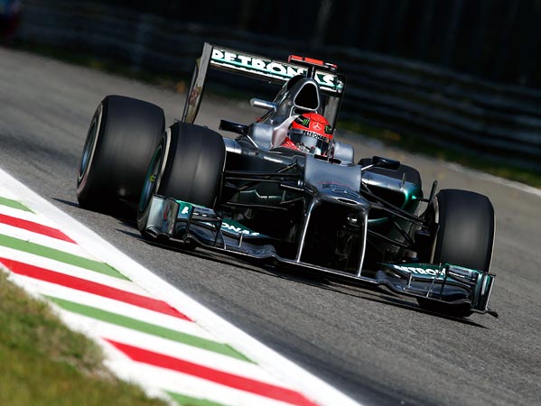 Michael Schumacher of Mercedes drives during practice for the Italian GP at the Autodromo Nazionale di Monza on September 7, 2012