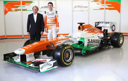 Sahara Force India Formula 1 driver Paul Di Resta of Great Britain and deputy team principal Robert Fearnley unveil the team's new car