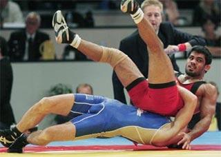 Indian wrestler Sushil Kumar in action