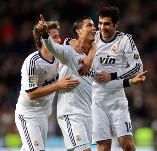 Cristiano Ronaldo celebrates scoring a goal with his Real Madrid team-mates