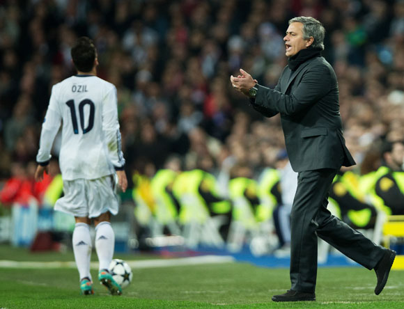 Head coach Jose Mourinho of Real Madrid reacts during the UEFA Champions League Round of 16 first leg match against Manchester United