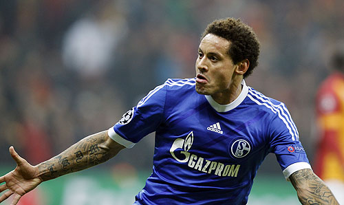 Schalke 04's Jermaine Jones celebrates his goal against Galatasaray during their Champions League match on Wednesday