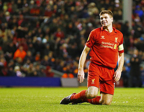 Liverpool's Steven Gerrard reacts after a missed opportunity