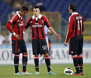 AC Milan's Kevin Prince Boateng, Stephan El Shaarawy and Gianpaolo Pazzini react 