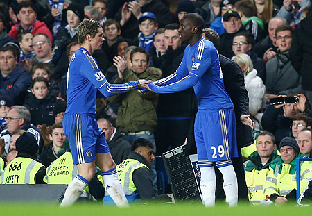 Fernando Torres and Demba Ba of Chelsea