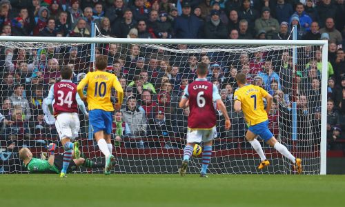 Rickie Lambert of Southampton scores from the penalty spot during the Barclays Premier League match between Aston Villa and Southampton