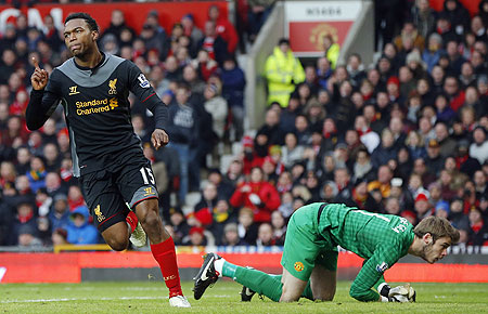 Liverpool's Daniel Sturridge celebrates after scoring past Manchester United's David De Gea on Sunday