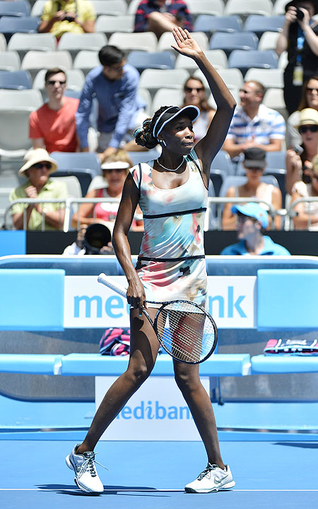 Venus Williams  celebrates defeating Galina Voskoboeva of Kazakhstan