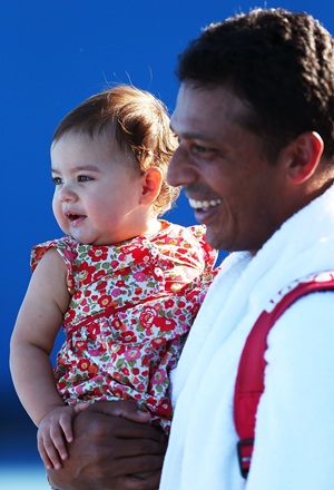 Bhupathi with his daughter at the Australian Open