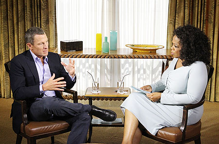 In this handout photo provided by the Oprah Winfrey Network, Oprah Winfrey   (right) speaks with Lance Armstrong during an interview regarding the   controversy surrounding his cycling career
