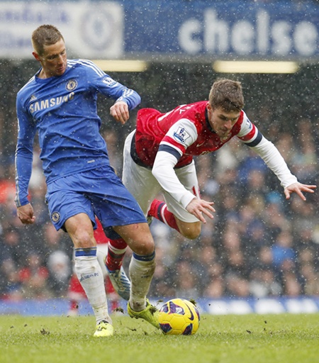 Chelsea's Fernando Torres challenges Arsenal's Aaron Ramsey