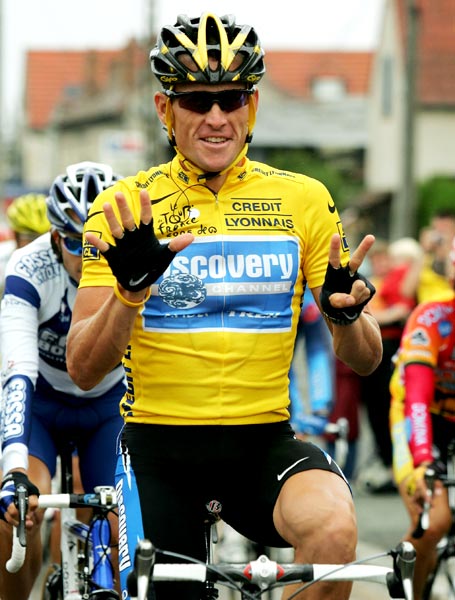 Lance Armstrong celebrates after winning his seventh consecutive Tour de France on July 24, 2005 in Paris.