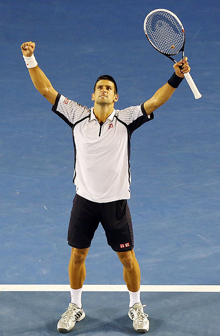 Novak Djockovic celebrates after defeating Thomas Berdych in the quarter-final on Tuesday