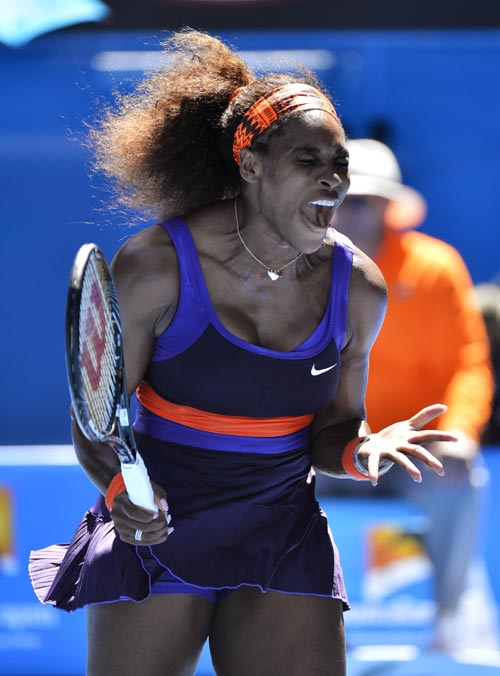 Serena Williams of the U.S. reacts during her women's singles quarter-final match against compatriot Sloane Stephens
