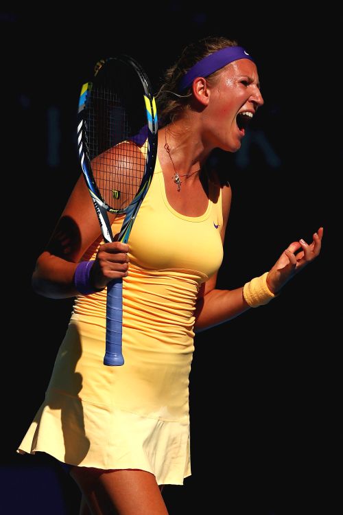 Victoria Azarenka of Belarus reacts after losing a point in her Semifinal match against Sloane Stephens of the United States