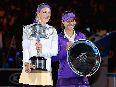 Victoria Azarenka (left) of Belarus and Li Na of China with their respective trophies after their women's final at the Australian Open on Saturday