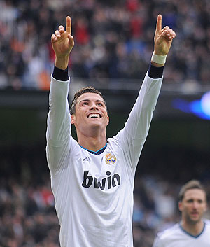 Cristiano Ronaldo of Real Madrid CF celebrates after scoring Real's second goal against Getafe on Sunday
