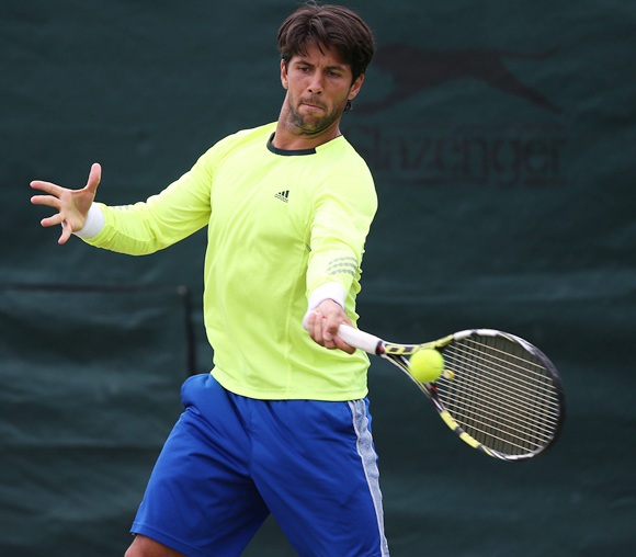 Fernando Verdasco of Spain plays a forehand during a practice session
