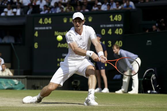 Andy Murray of Great Britain plays a backhand during the Gentlemen's Singles Final match