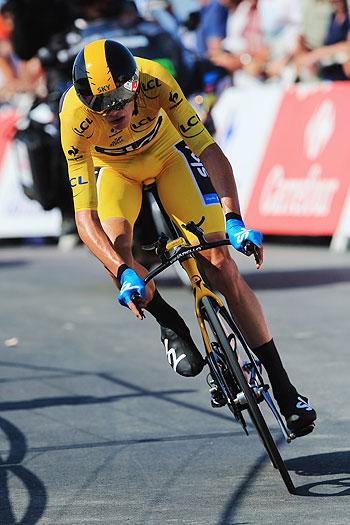 Chris Froome of Great Britain and Team Sky Procycling approaches the finish during stage eleven of the 2013 Tour de France, a 33KM Individual Time Trial from Avranches to Mont-Saint-Michel, on Wednesday