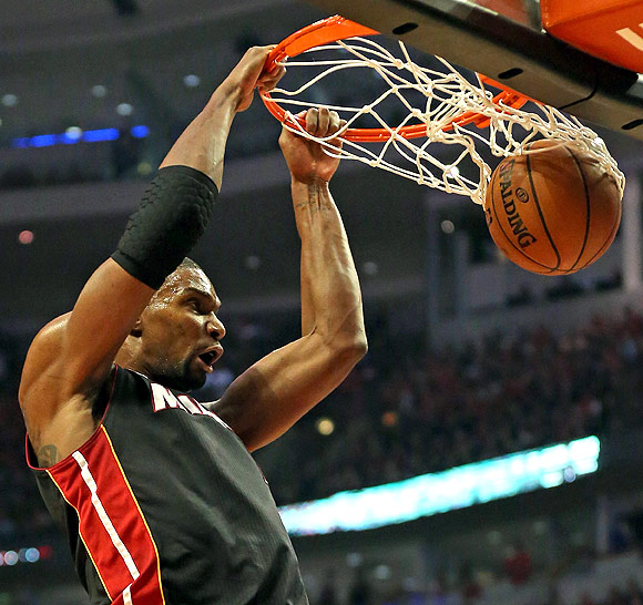 Chris Bosh of the Miami Heat dunks against the Chicago Bulls in the Eastern Conference semi-finals