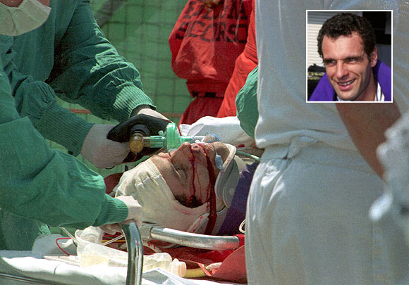 Austria's Roland Ratzenberger is stretchered away to a helicopter after crashing during practice for the San Marino Grand Prix at Imola on April 30, 1994