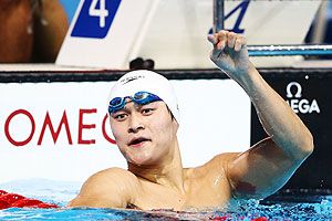 Yang Sun of China celebrates after winning the Swimming Men's 400m Freestyle Final on day nine of the 15th FINA World Championships at Palau Sant Jordi in Barcelona, Spain, on Sunday