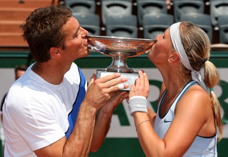 Frantisek Cermak and Lucie Hradecka of Czech Republic pose with the trophy