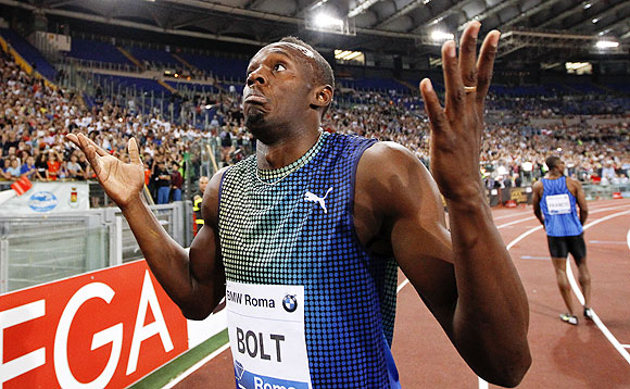 Usain Bolt of Jamaica reacts at the end of the 100m event at the Golden Gala IAAF Diamond League at the Olympic stadium in Rome on Thursday