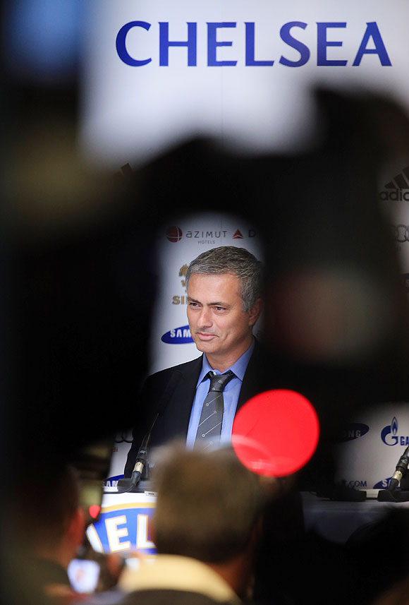 New Chelsea manager Jose Mourinho talks to the media on Monday