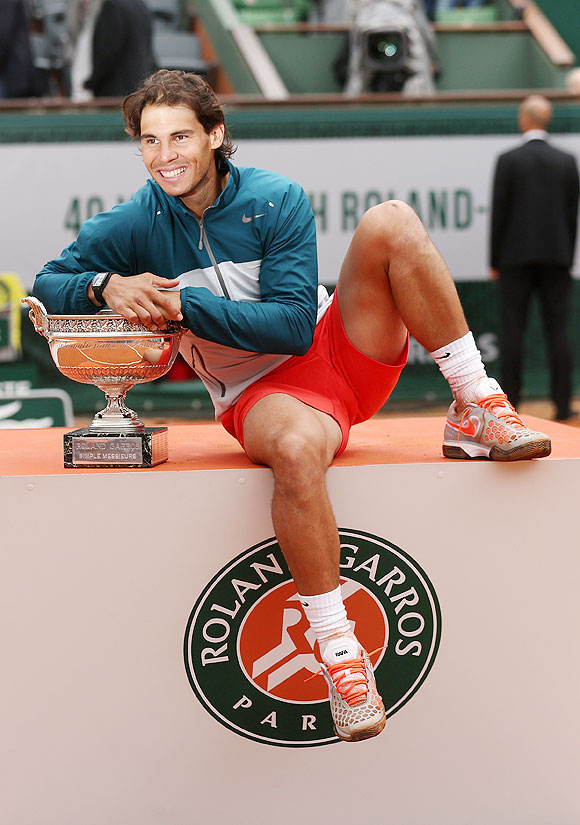 Rafael Nadal with the Coupe des Mousquetaires trophy after winning the French Open