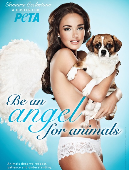 Tamara Ecclestone poses with her dog Buster in a new poster ad for PETA