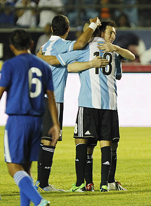 Lionel Messi of Argentina (right) celebrates after scoring during a friendly against Guatemala in the Mateo Flores stadium in Guatemala City, on Friday