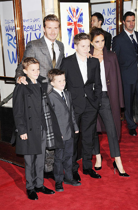 Romeo Beckham, David Beckham, Cruz Beckham, Brooklyn Beckham and Victoria Beckham attend the press night of 'Viva Forever', a musical based on the music of The Spice Girls at Piccadilly Theatre on December 11, 2012 in London