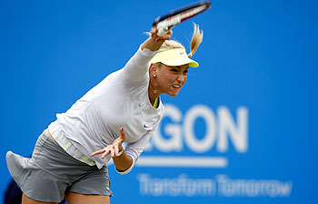 Donna Vekic of Croatia serves in the women's singles final against Daniela Hantuchova of Slovakia at the AEGON Classic Tennis Tournament at Edgbaston Priory Club on Sunday